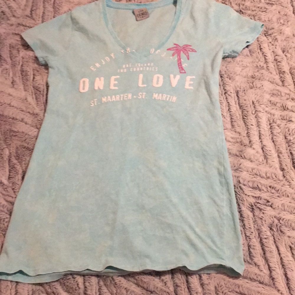 Blue V-Neck shirt sleeve tee shirt.